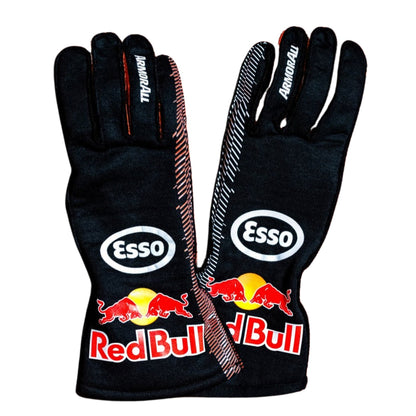 A pair of black Max Verstappen & Isack Hadjar 2026 Dutch GP Race Gloves Replica F1 Red Bull with Esso branding, featuring the red bull logo and sponsor logos on the back of the hands, shown against a plain white background.