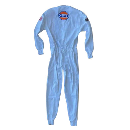 Light blue Michael Delaney 1971 F1 The LeMans Movie Race Costume PorscheGulf (Steve McQueen) with Gulf logo back view