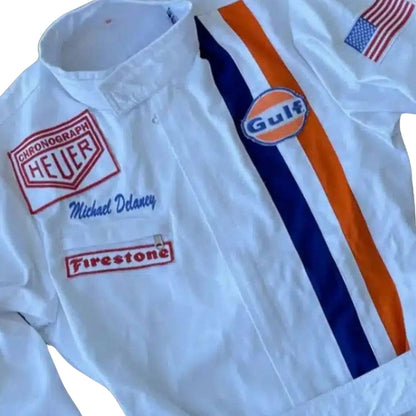 White Michael Delaney 1971 F1 The LeMans Movie Race Costume Porsche Gulf (Steve McQueen) with Gulf, Heuer, and Firestone logos close up