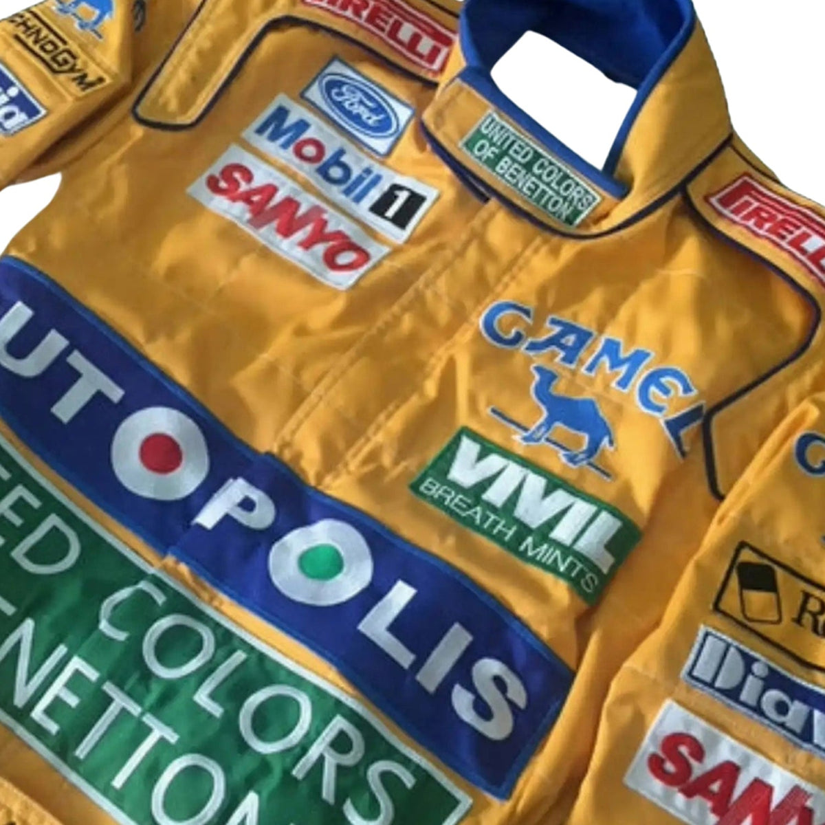 Yellow Michael Schumacher 1991 F1 Race Replica Costume Benetton Ford with various sponsor logos on a white background