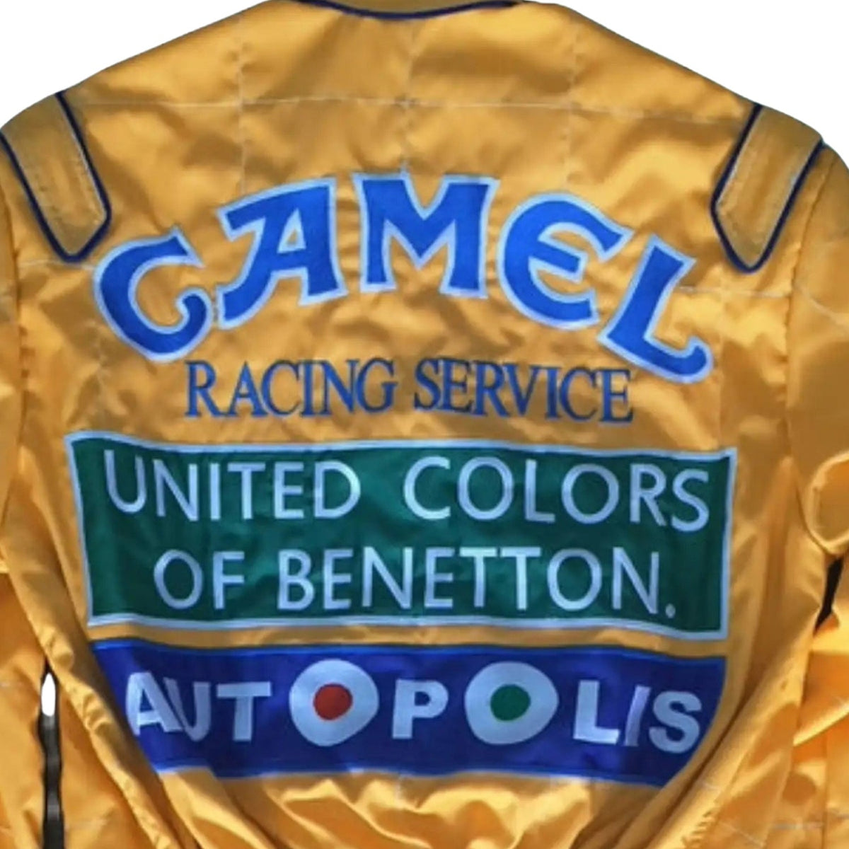 Yellow Michael Schumacher 1991 F1 Race Replica Costume Benetton Ford with Camel, United Colors of Benetton, and Autopolis branding.