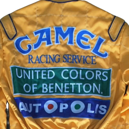 Yellow Michael Schumacher 1991 F1 Race Replica Costume Benetton Ford with Camel, United Colors of Benetton, and Autopolis branding.