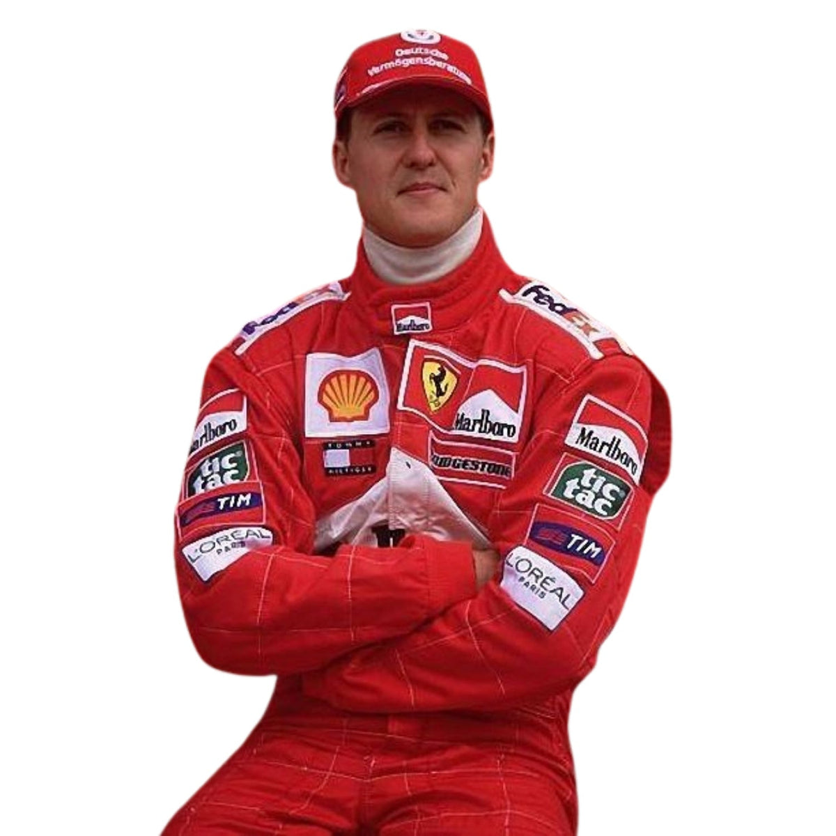 Michael Schumacher 2002 F1 Race Costume Ferrari with various sponsor logos on a white background