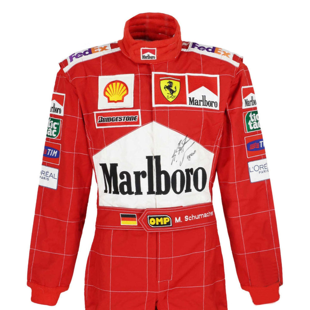 A red long-sleeve Michael Schumacher 2002 F1 Race Costume Ferrari with white grid lines, featuring prominent Marlboro and Ferrari logos, along with sponsor patches including Shell, Bridgestone, FedEx, and Pirelli. The suit is shown against a plain white background.