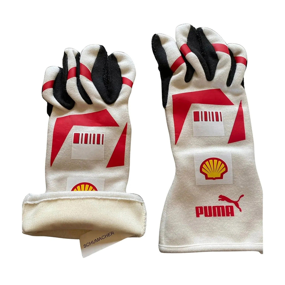 Pair of white Michael Schumacher 2007 Race Gloves F1 Ferrari with red and black accents featuring Puma, Shell, and Schumacher logos Back View