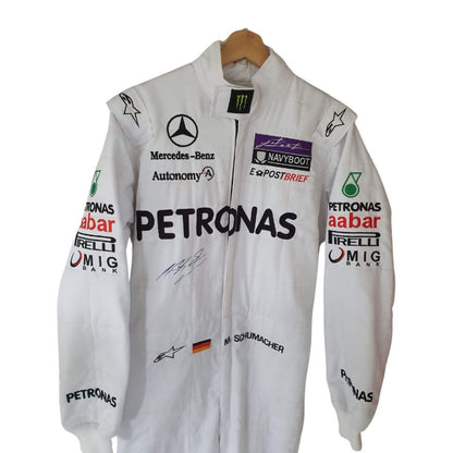 White Michael Schumacher 2011 F1 Race Suit Mercedes with various sponsor logos closeup View