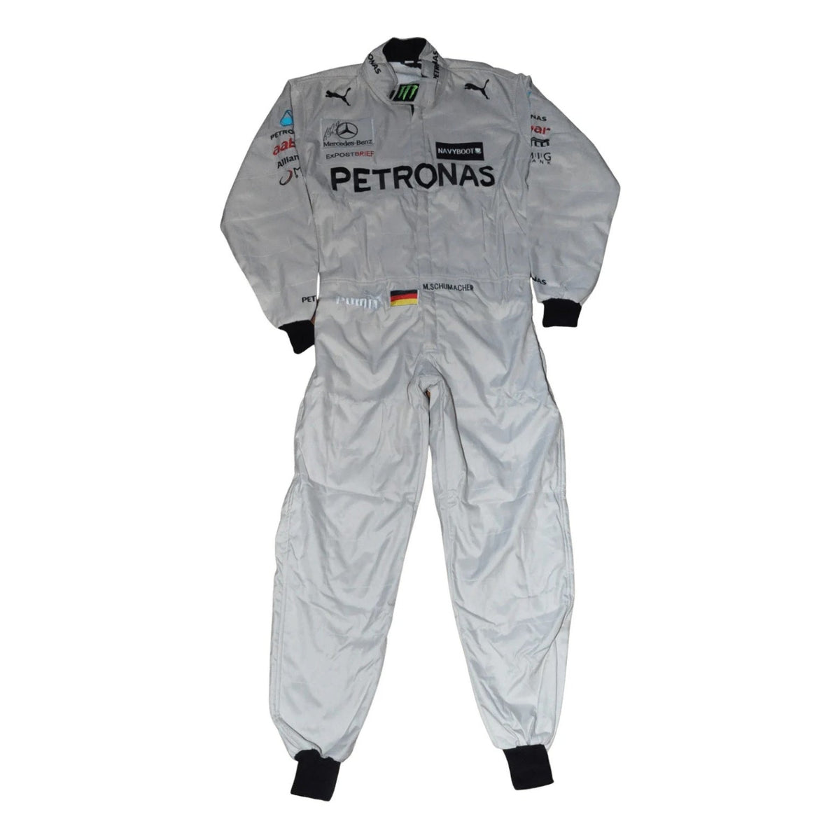 Gray Michael Schumacher 2012 F1 Race Suit Replica Mercedes with Petronas branding front view