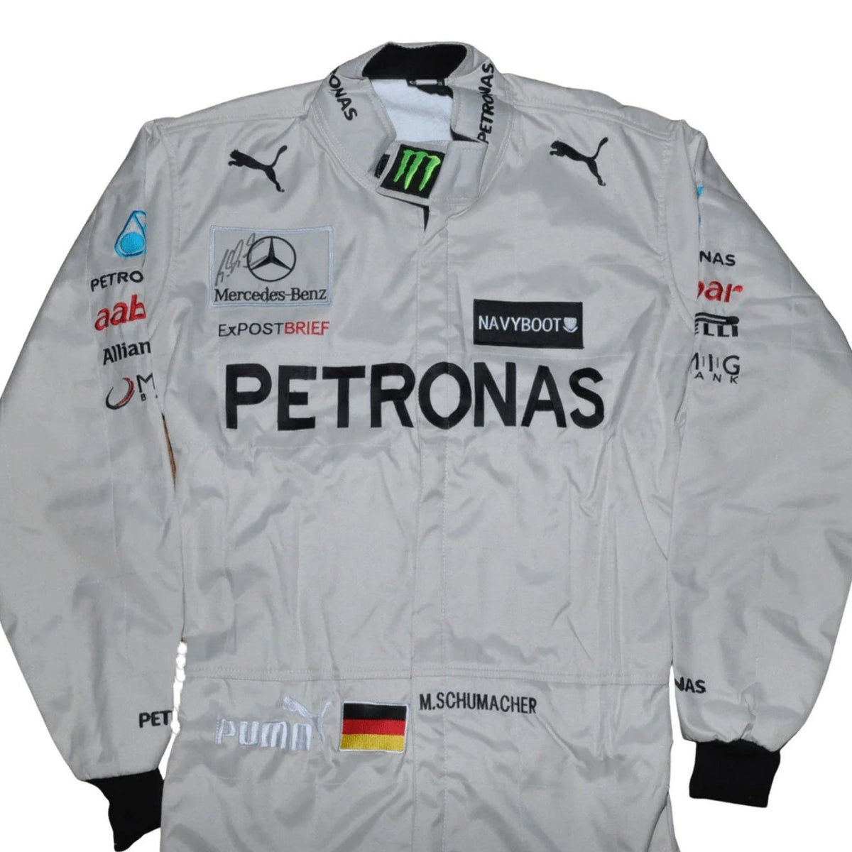 White Michael Schumacher 2012 F1 Race Suit Replica Mercedes with various sponsor logos on a white background