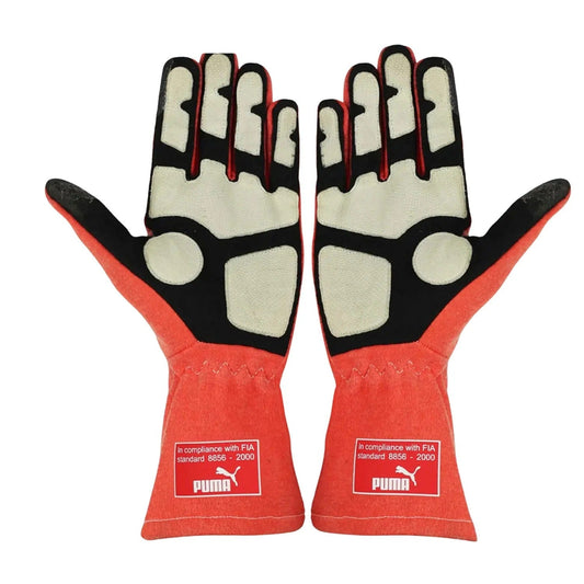 Pair of red and black Michael Schumacher 2012 Race Gloves F1 Mercedes with Puma branding Front View