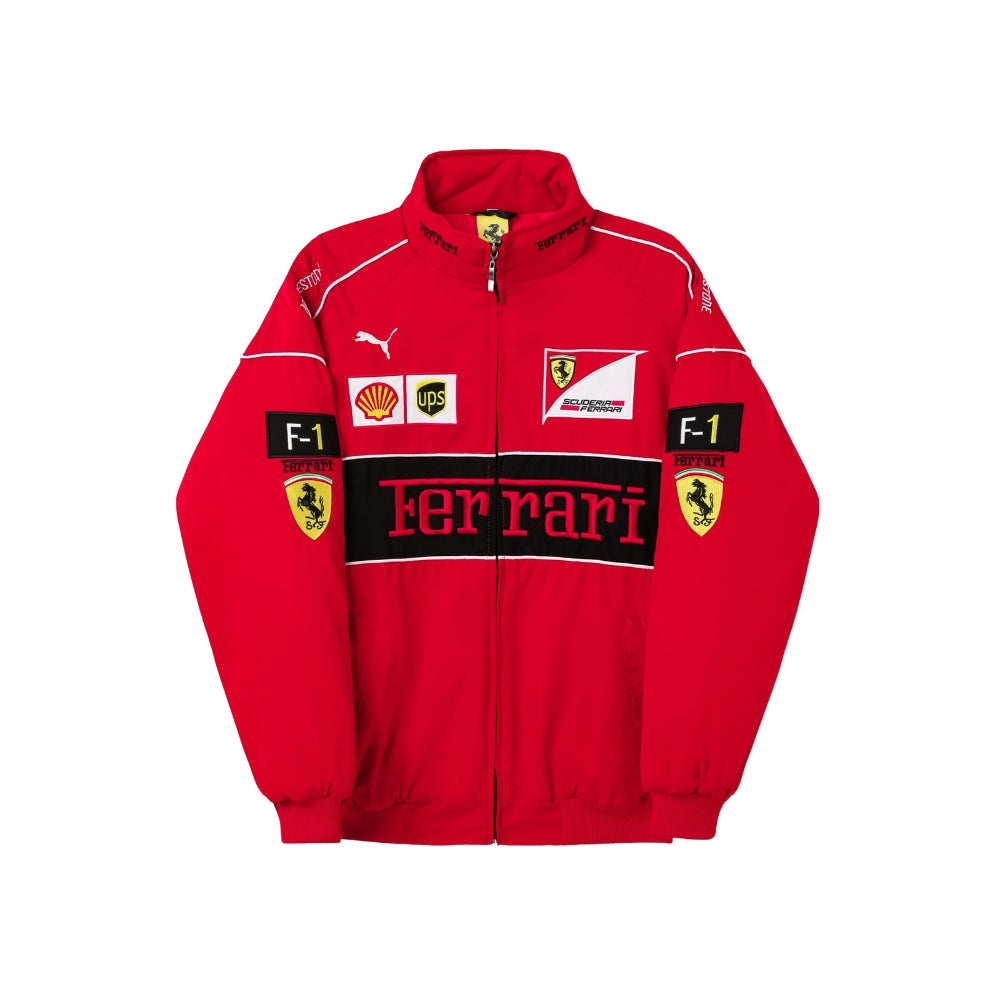 Michael Schumacher Embroidered Ferrari Jacket in retro Ferrari styling, with contrast panels and a classic bomber shape. Old-school racing style for everyday wear.