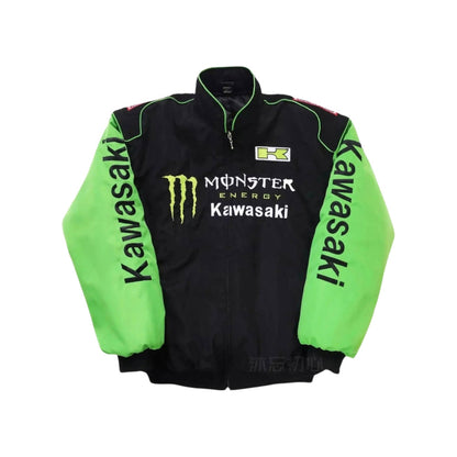 Monster Energy Kawasaki Retro Racing Jacket in retro Kawasaki styling, showing the ribbed cuffs and smooth lining. Retro race day attire for car meets, circuits and cosplay nights.
