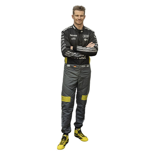 Front View of a black and gray Nico Hulkenberg 2026 F1 Race Costume Replica Audi Monaco GP with yellow accents