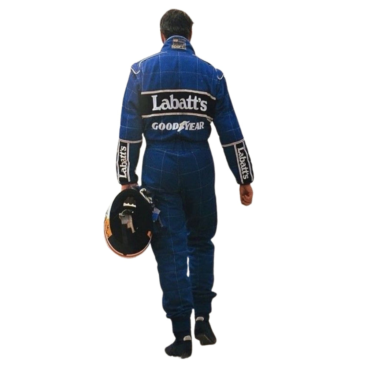 Nigel Mansell 1992 F1 Race Costume Replica Williams behind wearing a blue racing suit with 'Labatt's' and 'Goodyear' logos on the back, holding a black racing helmet against a plain white background.