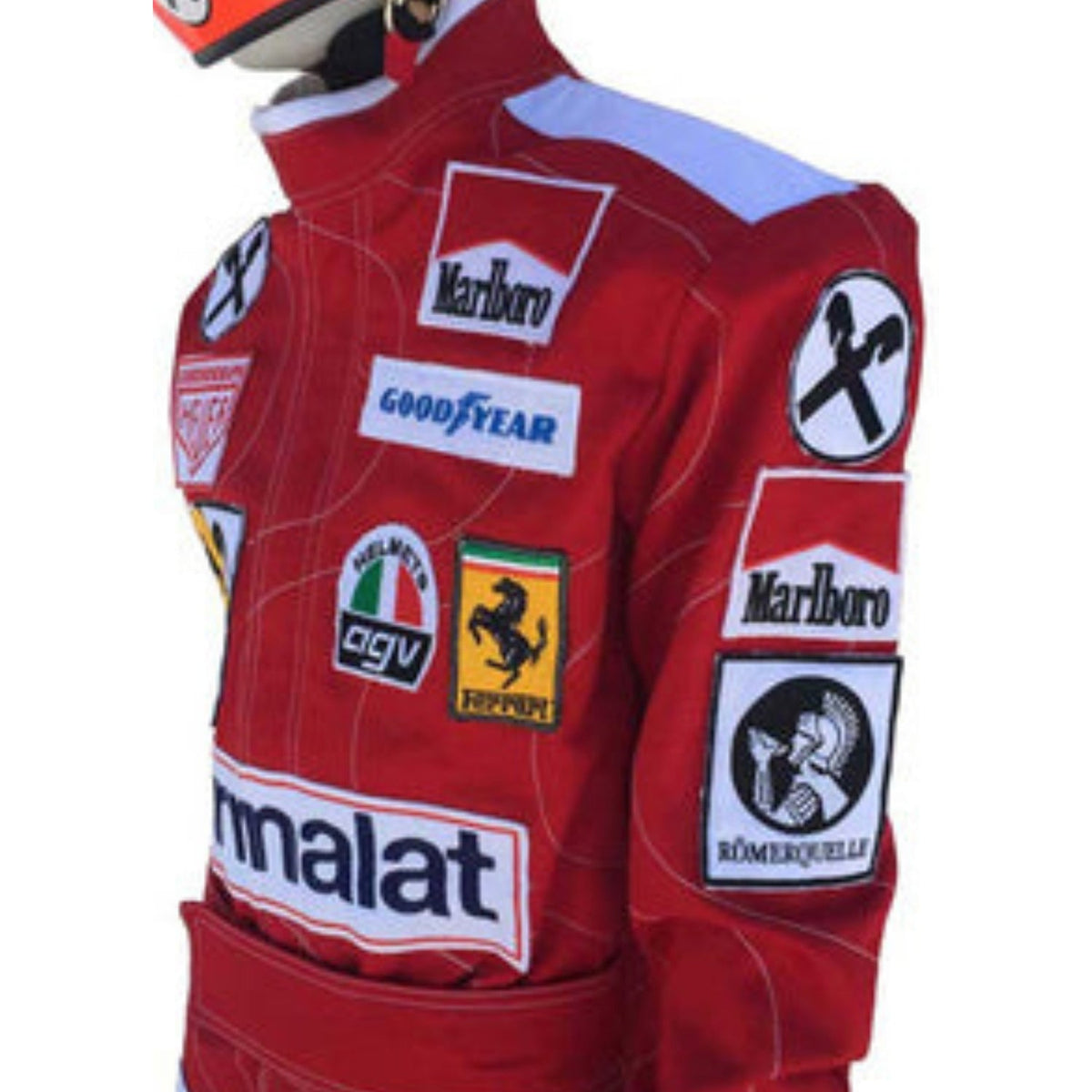 Red Niki Lauda 1976 F1 Race Suit Ferrari with various sponsor logos Close Up View