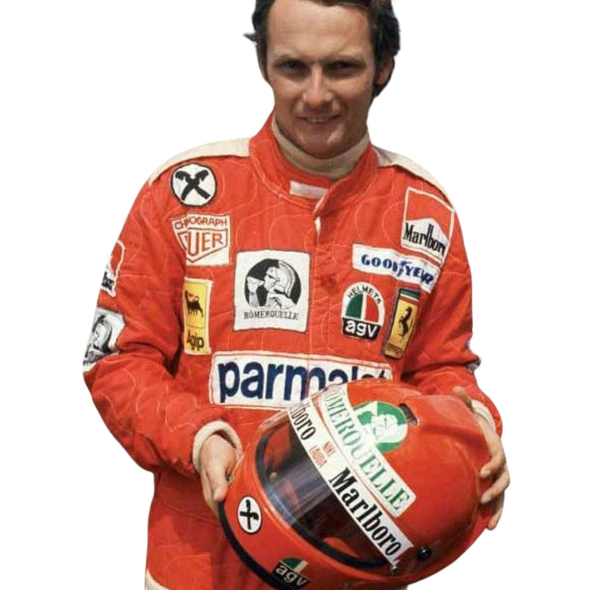 Niki Lauda 1976 F1 Race Suit Ferrari with various sponsor logos, holding a matching helmet.