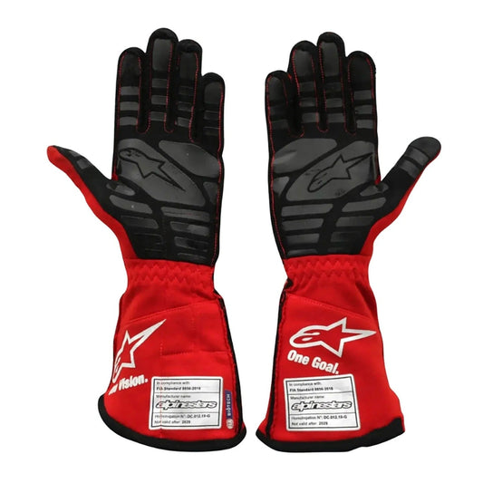 Red and black Nikita Mazepin 2021 Mexico GP Race Gloves F1 Haas with visible branding Front View