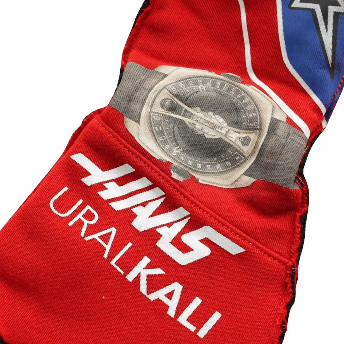 Red Nikita Mazepin 2021 Mexico GP Race Gloves F1 Haas with 'Uralkali' branding and a logo Closeup View