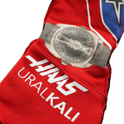 Red Nikita Mazepin 2021 Mexico GP Race Gloves F1 Haas with 'Uralkali' branding and a logo Closeup View