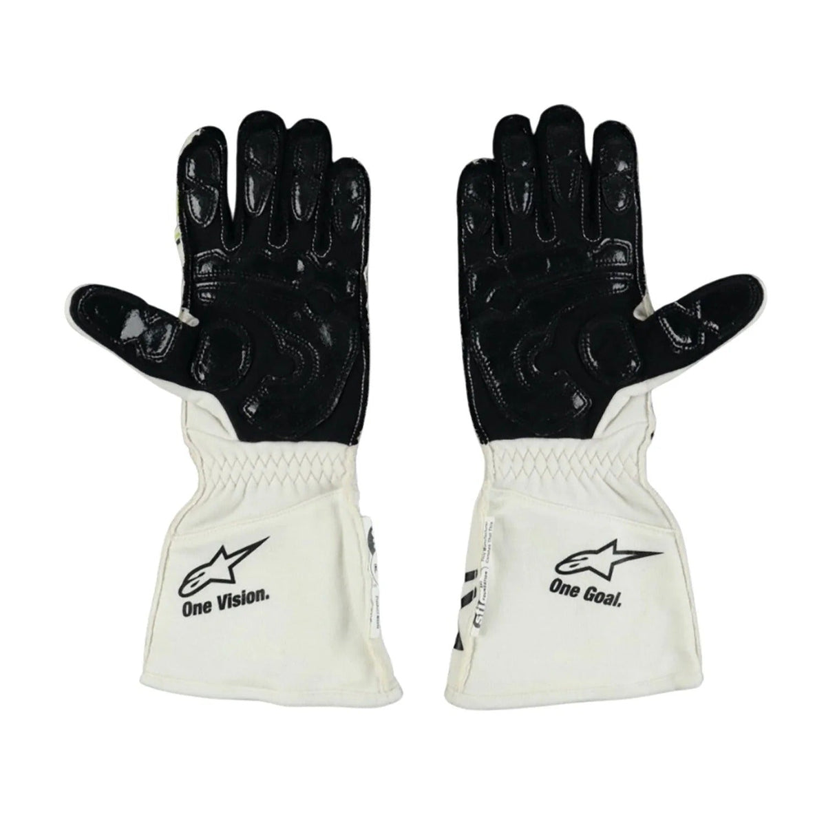Pair of black and white Nyck de Vries 2022 Race Gloves F1 Williams with visible branding Front View