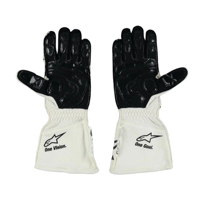 Pair of black and white Nyck de Vries 2022 Race Gloves F1 Williams with visible branding Front View