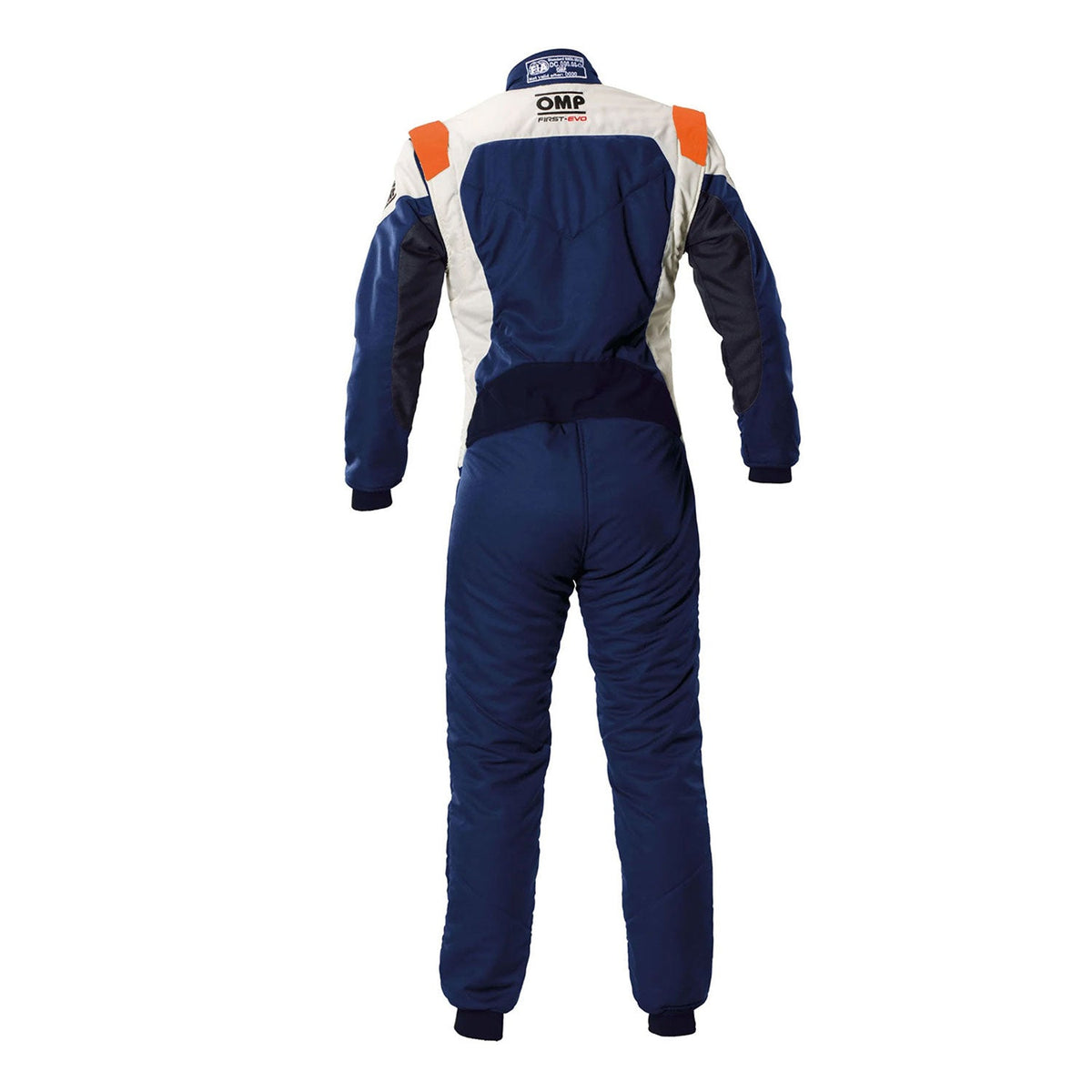 Back View Of OMP Blue White Orange Tecnica Evo Racing Suit with orange accents on a white background