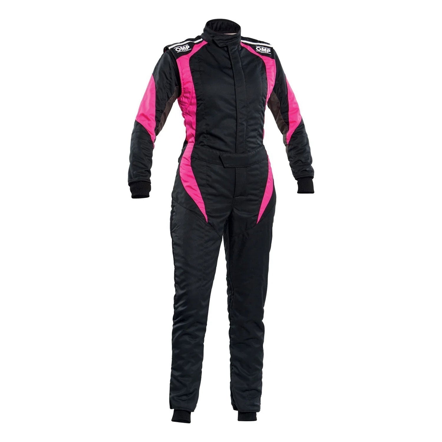 OMP FIRST ELLE Black/Pink Go Kart Racing Track Suit Front View