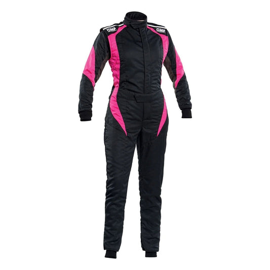 OMP FIRST ELLE Black/Pink Go Kart Racing Track Suit Front View