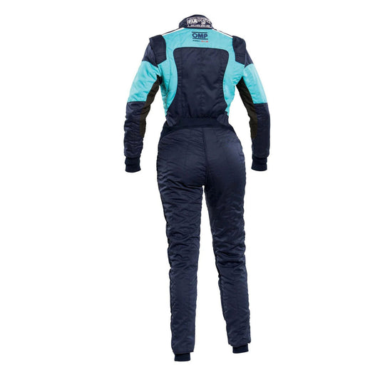 Black and teal OMP FIRST ELLE Navy BlueLight Blue Go Kart Racing Suit with OMP branding on a white background