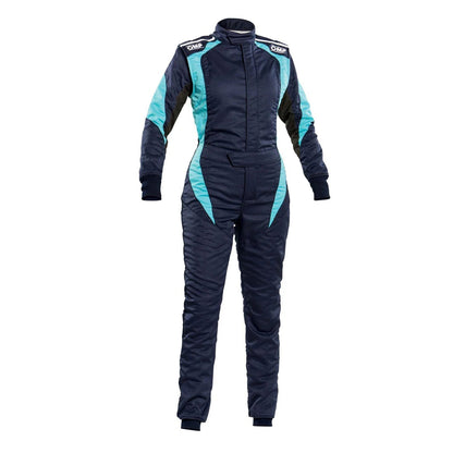 OMP FIRST ELLE Navy Blue/Light Blue Go Kart Racing Track Suit Front View