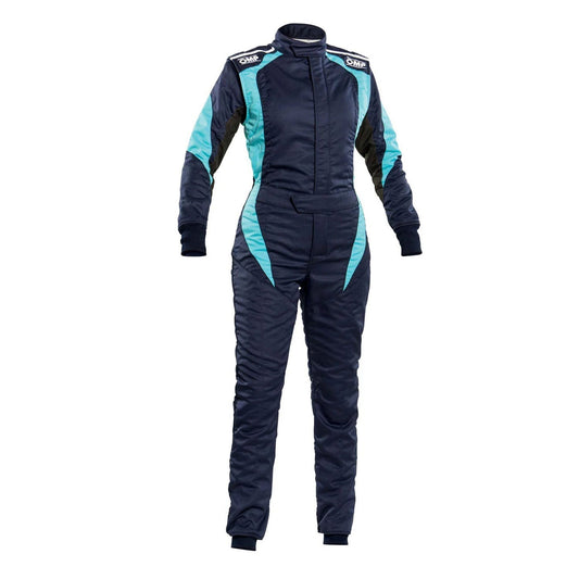 OMP FIRST ELLE Navy Blue/Light Blue Go Kart Racing Track Suit Front View