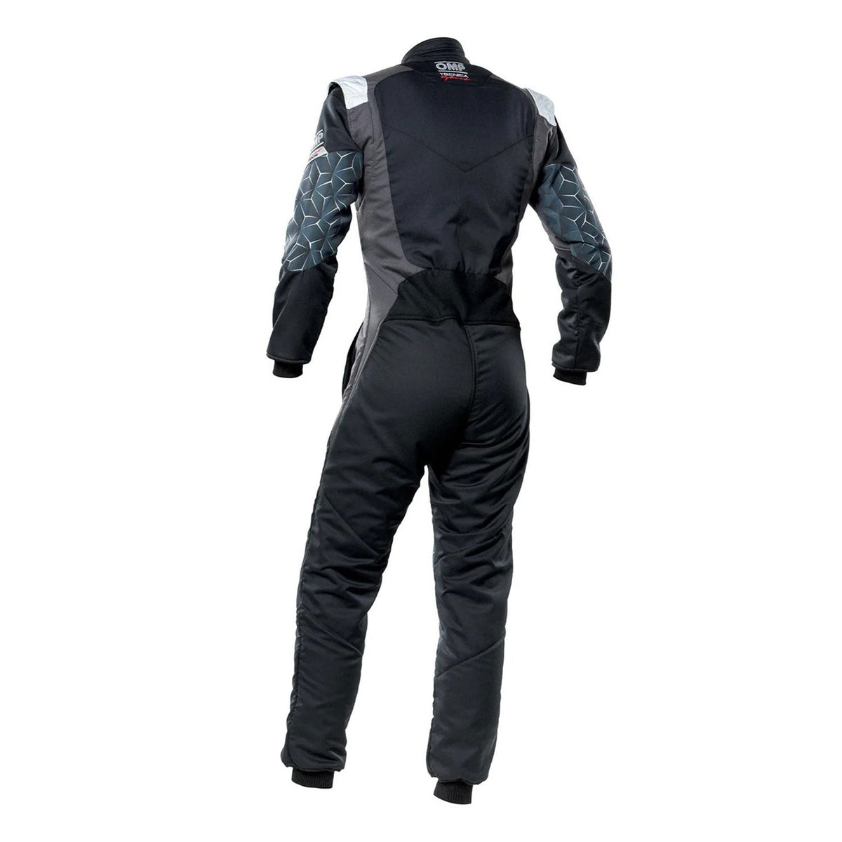 Back View Of OMP TECNICA HYBRID Racing Suit - Black and Gray