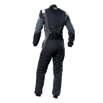 Back View Of OMP TECNICA HYBRID Racing Suit - Black and Gray