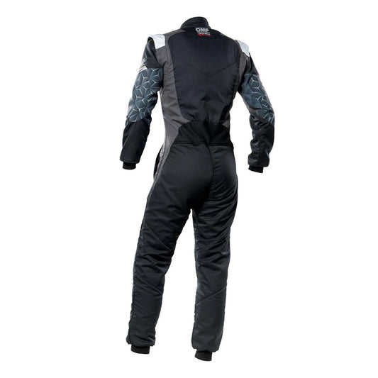 Back View Of OMP TECNICA HYBRID Racing Suit - Black and Gray