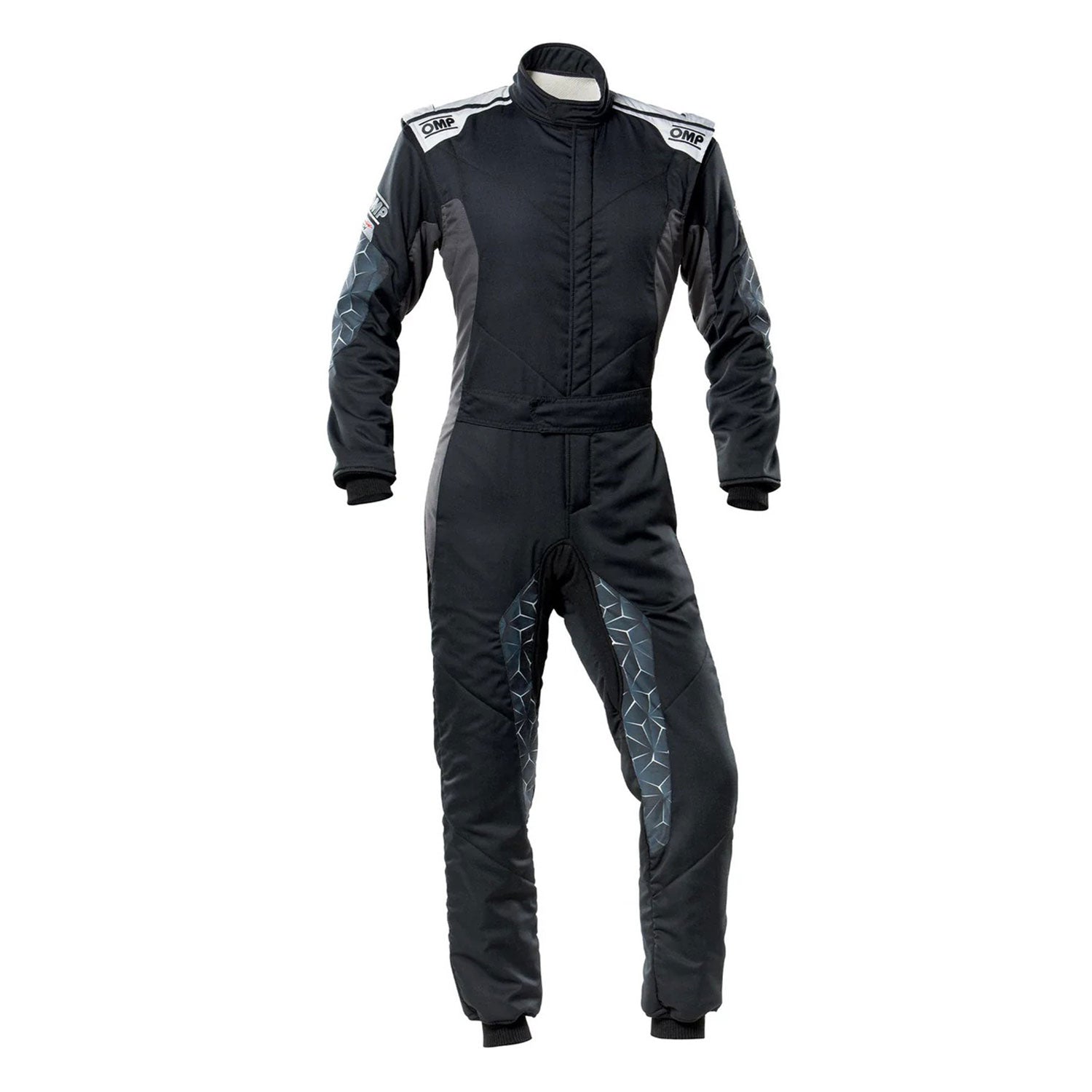 OMP TECNICA HYBRID Racing - Black and Gray Kart Suit Front View