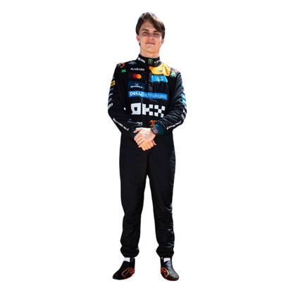 Oscar Piastri wearing a F1 racing suit McLaren Monaco GP with various sponsor logos on a white background Front View