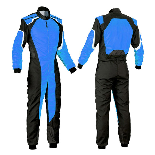 Plain Black & Blue Go Kart Racing Motorsport Suit Front View
