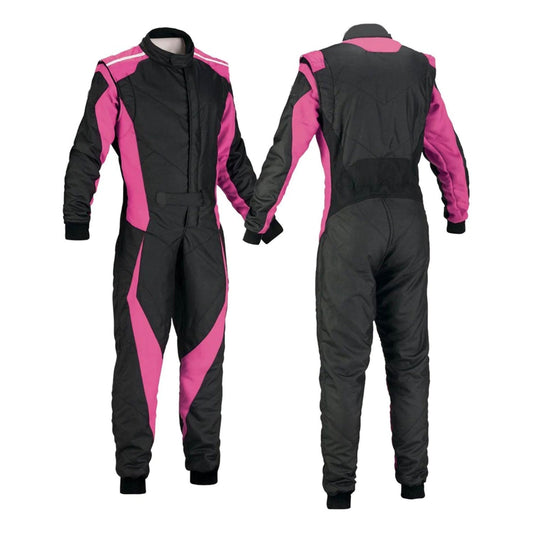 Plain Black & Pink Go Kart Racing Track Suit Front View