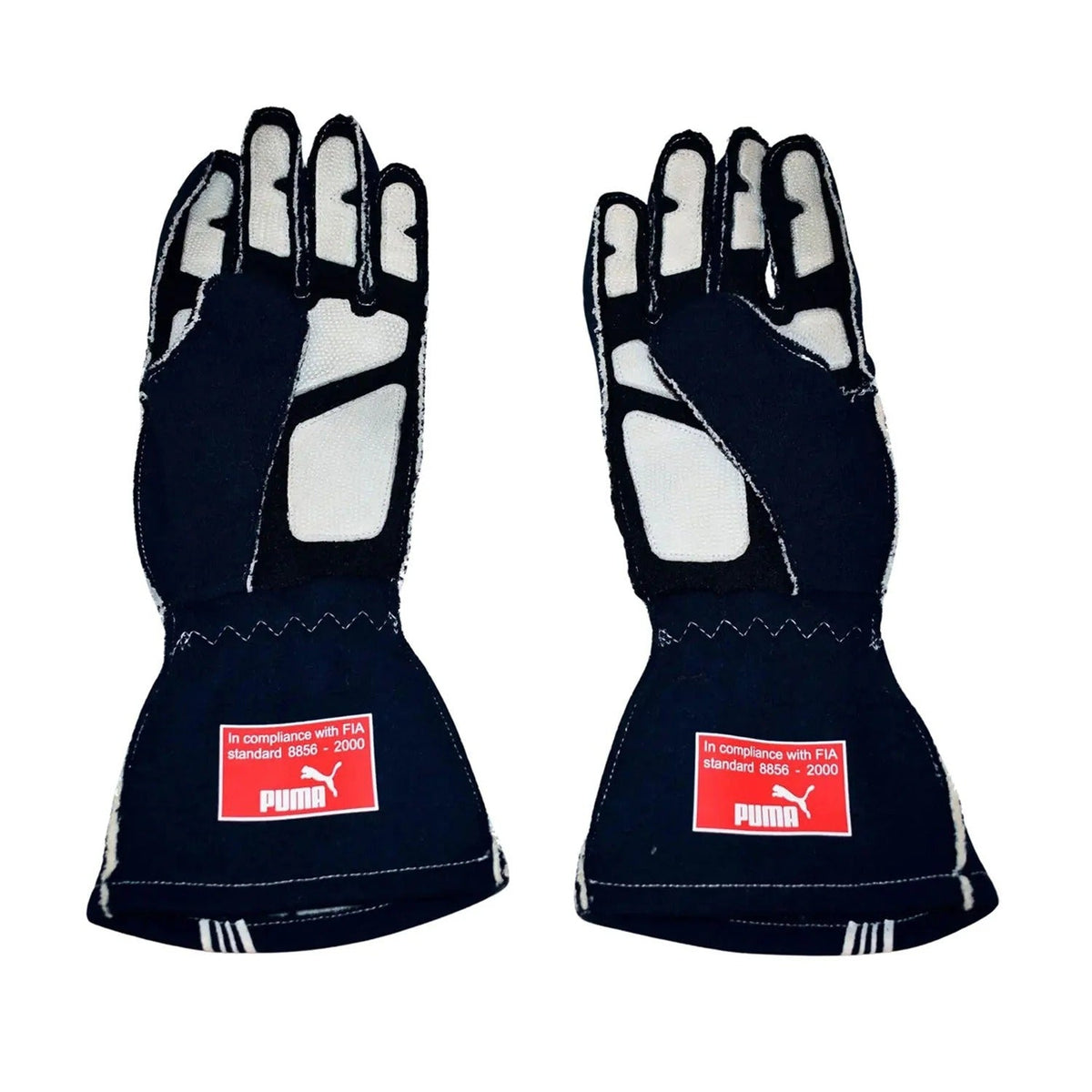 A pair of black Sebastian Vettel 2007 Race Gloves F1 Toro Rosso with white protective padding on the palms and fingers, displayed side-by-side against a white background.