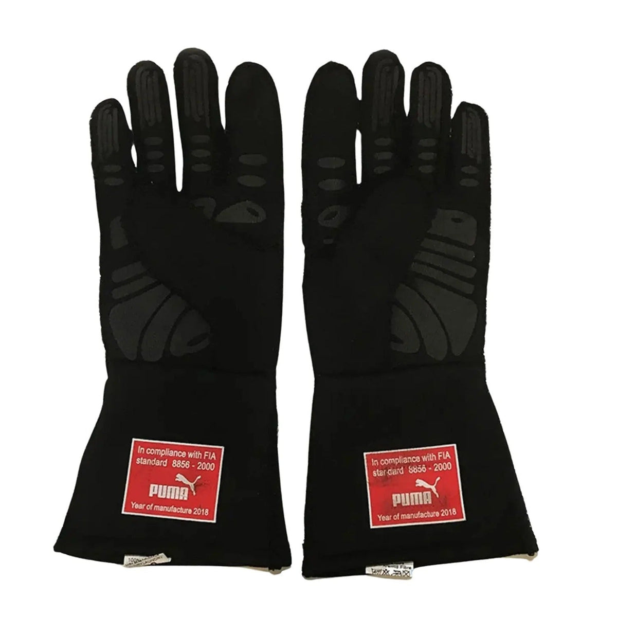 Pair of black Sebastian Vettel 2018 Race Gloves F1 Ferrari with Puma logos Front View