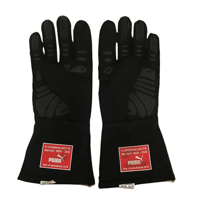 Pair of black Sebastian Vettel 2018 Race Gloves F1 Ferrari with Puma logos Front View