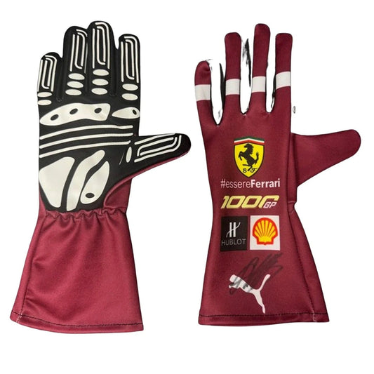 Maroon Sebastian Vettel 2020 and Charles Leclerc 100GP Race Gloves Replica F1 Ferrari with Ferrari logo and branding Front and Back View