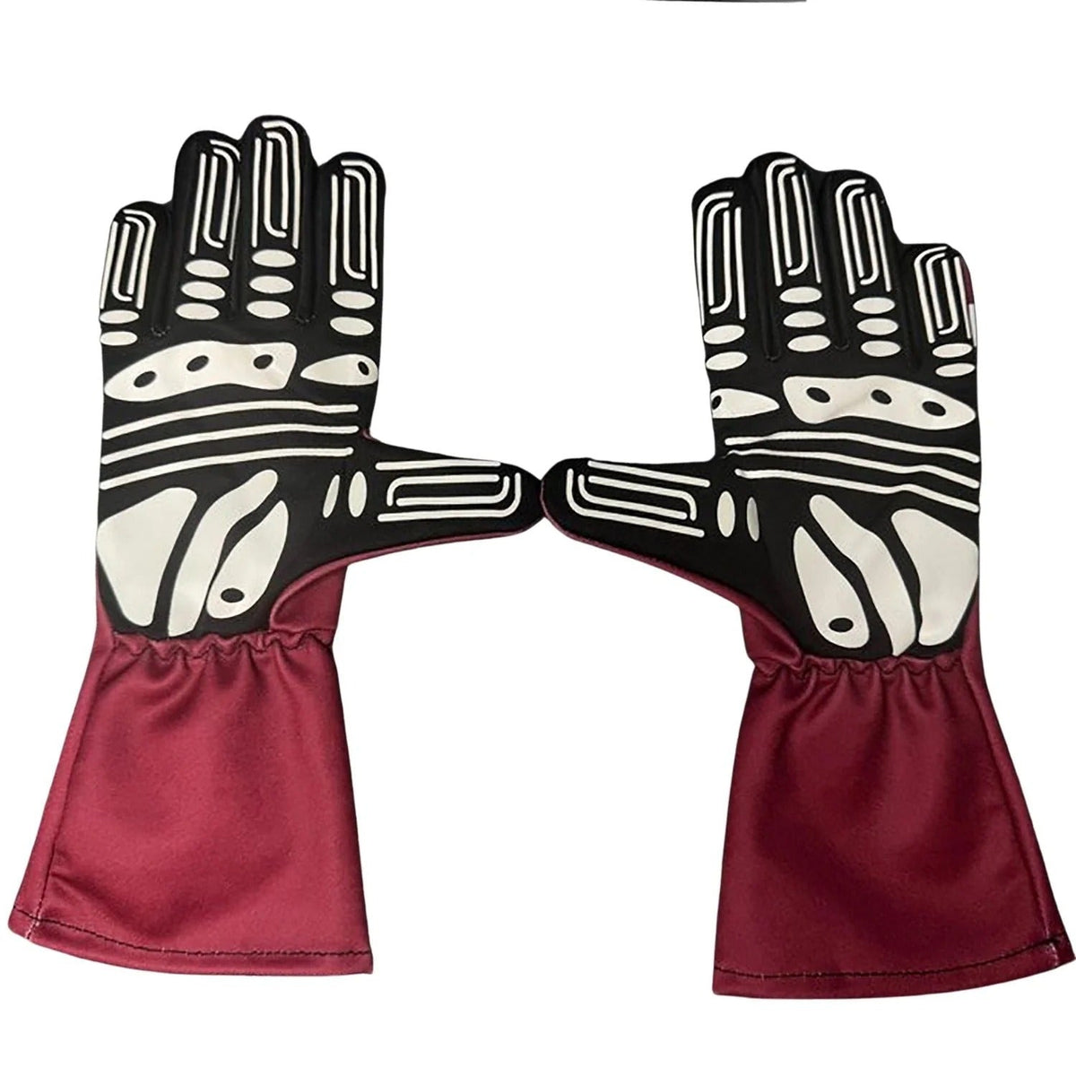 Pair of Sebastian Vettel 2020 and Charles Leclerc 100GP Race Gloves Replica F1 Ferrari with black and white pattern on a red background
