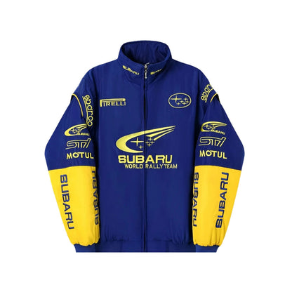 Subaru Rally Retro Blue Jacket in retro Subaru styling, with printed sponsor-style graphics across the sleeves. A head-turning jacket for race weekends and fan gatherings.