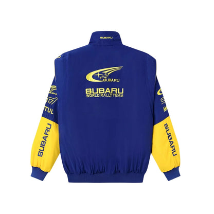 Retro Subaru bomber jacket for fans, highlighting the full-length zip and side pockets. Retro race day attire for car meets, circuits and cosplay nights.