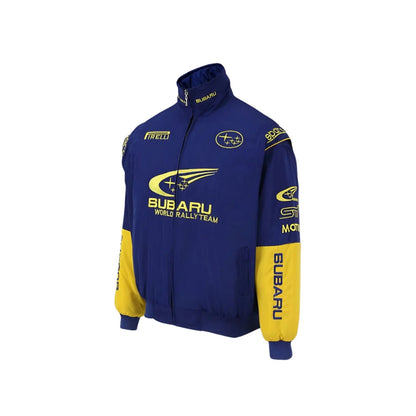 Subaru heritage motorsport jacket, with contrast panels and a classic bomber shape. Vintage racing attire that layers easily over a hoodie or shirt.