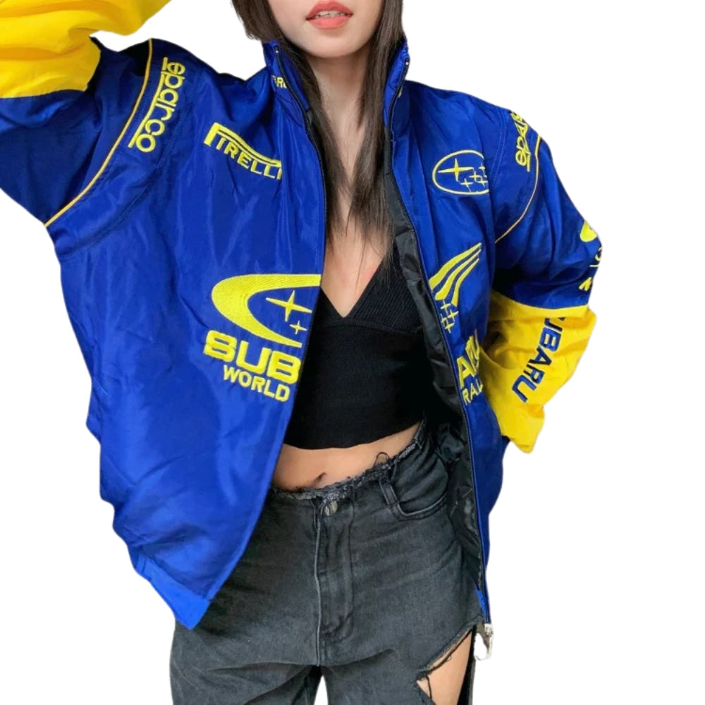 Classic Subaru racing jacket design, showing the ribbed cuffs and smooth lining. Old-school racing style for everyday wear.
