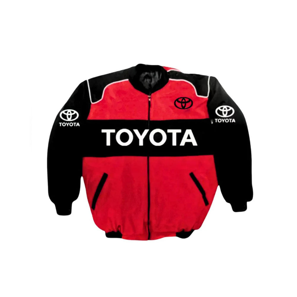 Toyota Embroidered Retro Racing Jacket in retro Toyota styling, highlighting the full-length zip and side pockets. Old-school racing style for everyday wear.