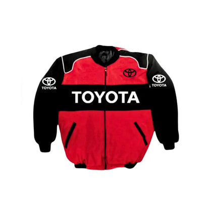 Toyota Embroidered Retro Racing Jacket in retro Toyota styling, highlighting the full-length zip and side pockets. Old-school racing style for everyday wear.