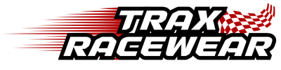 The Trax Racewear logo, featuring the brand name in bold black and white lettering with a red and white checkered flag graphic and red speed lines on the left, set against a solid black background.