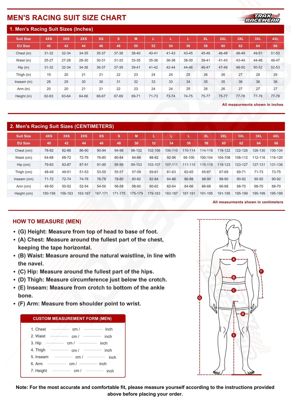 A sizing chart for men's racing suits, showing size tables in inches and centimeters, measurement instructions, and a body measurement form with red arrows indicating where to measure on the body.